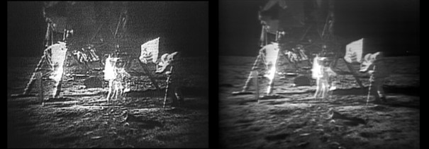 Proceso de restauración de imágenes del Apolo 11. A la izda., antes de la restauración, a la dcha., después. (Foto: NASA) 