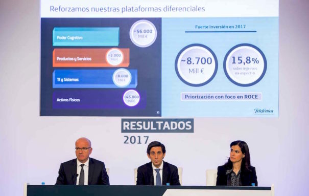 De izquierda a derecha: Ángel Vilá, Consejero Delegado de Telefónica S. A.; José María Álvarez-Pallete, Presidente Ejecutivo de Telefónica S.A.; y Laura Abasolo, Directora de Finanzas y Control de Telefónica S.A