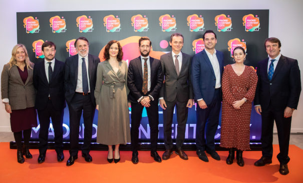 Rocío Albert, Pablo Jimeno, José Creuheras, Isabel Díaz Ayuso, Raúl Berdonés, Pedro Duque, Ignacio Aguado, Marta Rivera de la Cruz y Jesús Moreno en la presentación de Madrid Content City